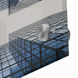 Large abstract wall art on acrylic featuring a close-up of a skyscraper, in mid-century modernist style.