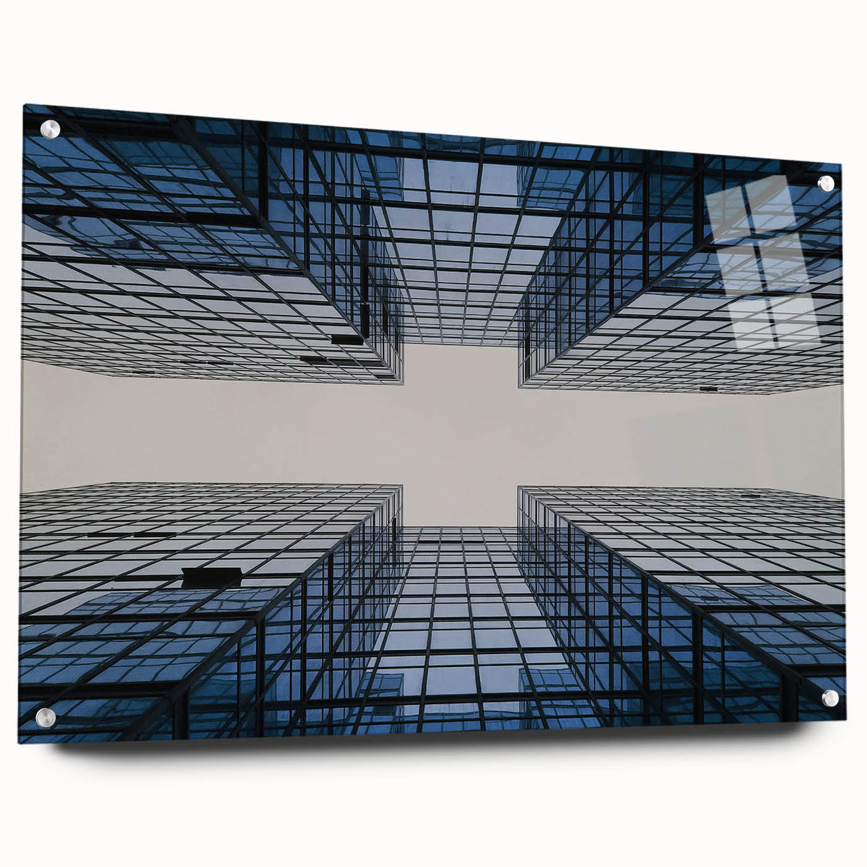 Acrylic print of a large abstract skyscraper design in cool gray tones, suitable for bedroom or dining room decor.