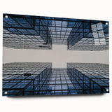 Acrylic print of a large abstract skyscraper design in cool gray tones, suitable for bedroom or dining room decor.