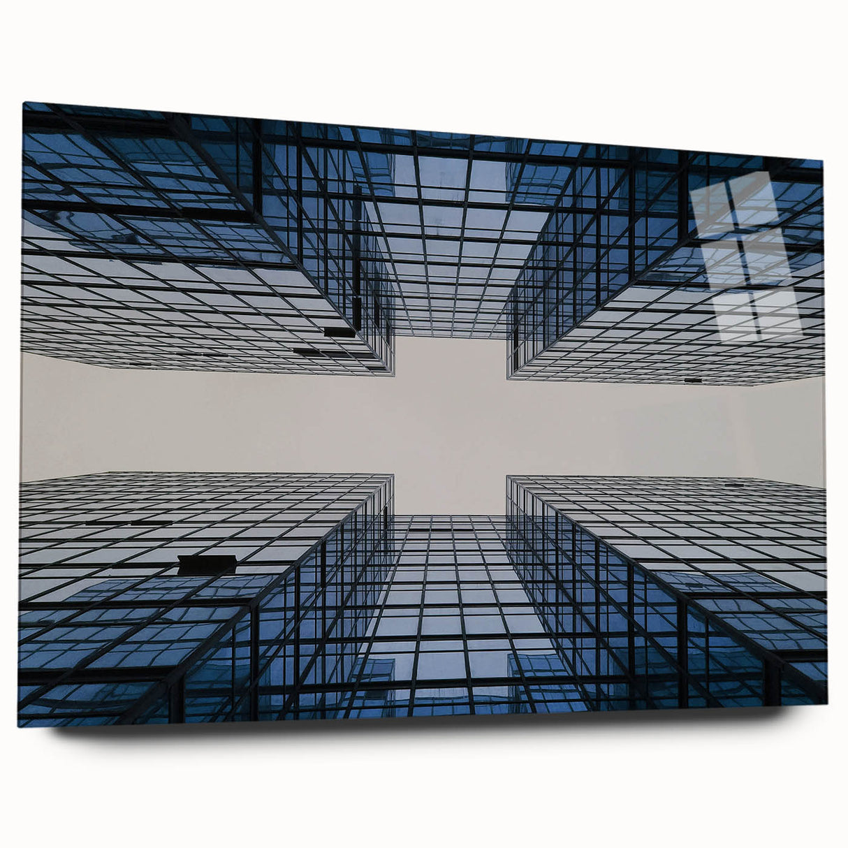 Large abstract wall art of skyscraper design in muted gray, acrylic print, suitable for bedroom or dining room decor.