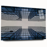 Large abstract wall art of skyscraper design in muted gray, acrylic print, suitable for bedroom or dining room decor.