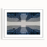 Extra large abstract art print featuring textured skyscraper design in gray tones, framed with white mat.