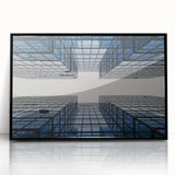 Large abstract wall art featuring a black and white skyscraper design, framed in acrylic, suitable for modern office decor.