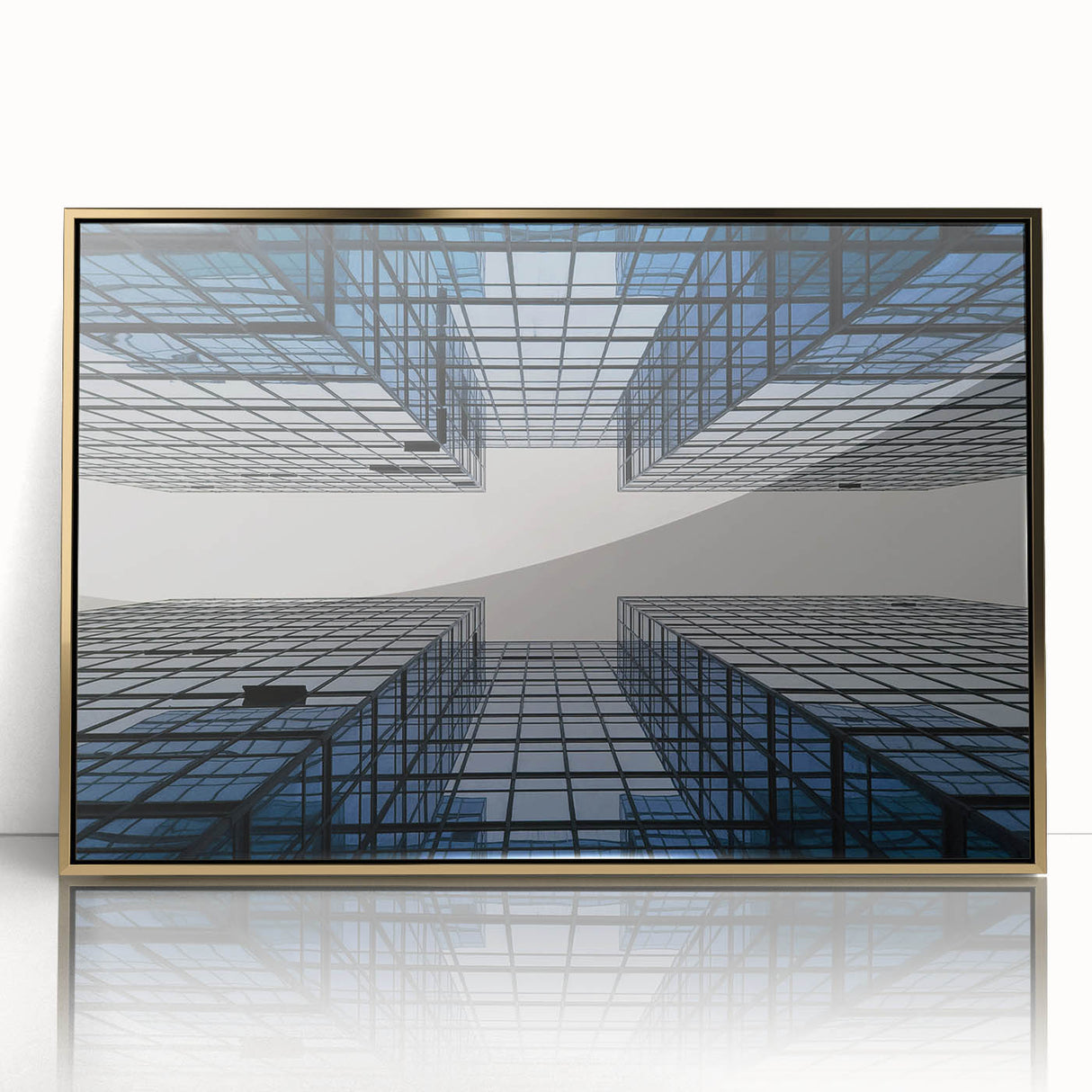 Mid-century modernist art of abstract skyscrapers in gold and black, acrylic print framed, ideal for modern art wall decor.