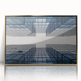 Mid-century modernist art of abstract skyscrapers in gold and black, acrylic print framed, ideal for modern art wall decor.