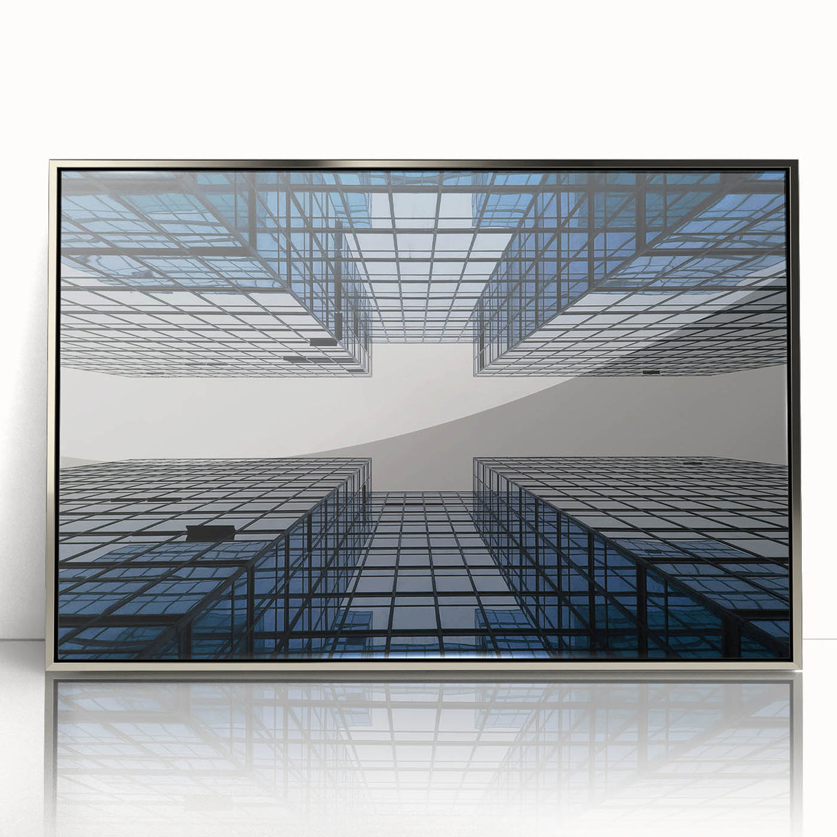 Art deco poster of a skyscraper, using silver and gray tones on a framed acrylic, suitable for modern art wall decor.