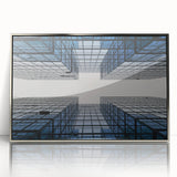 Art deco poster of a skyscraper, using silver and gray tones on a framed acrylic, suitable for modern art wall decor.