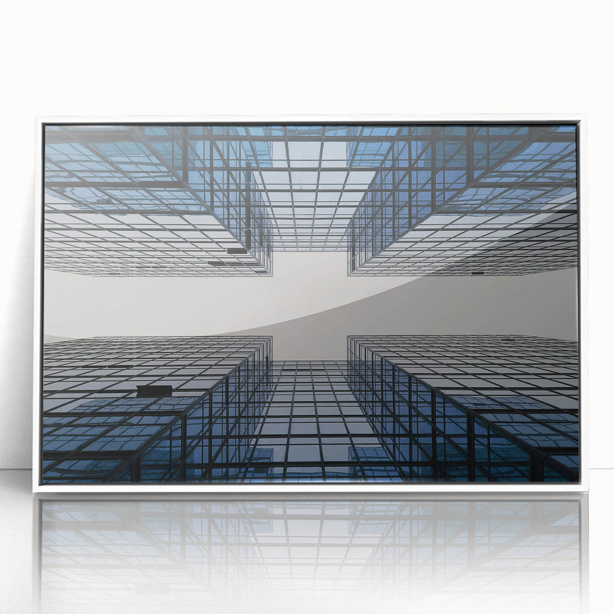 Mid-century modernist skyscraper design in black and white on a framed acrylic, suitable for modern art wall decor.