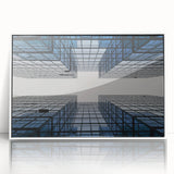 Mid-century modernist skyscraper design in black and white on a framed acrylic, suitable for modern art wall decor.