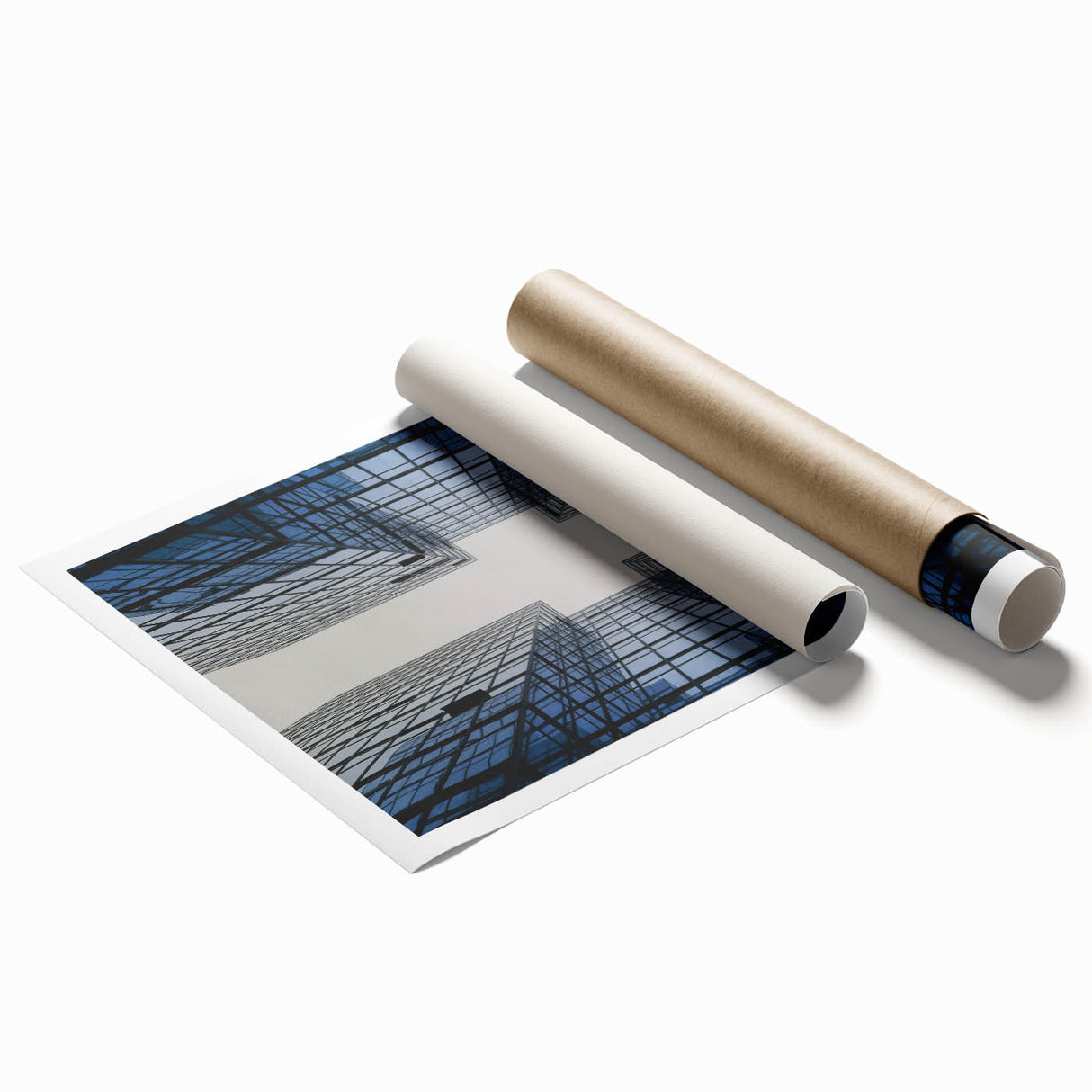 Extra large rolled print of a skyscraper with muted metallic tones, ideal for classy bathroom wall art.