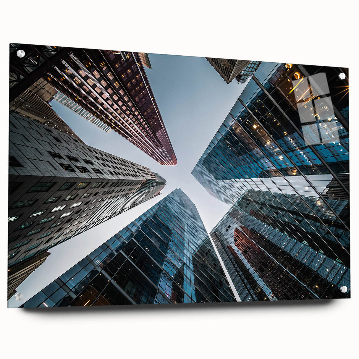 Large abstract wall art depicting skyscrapers with a mix of sharp and soft lines in cool gray tones.