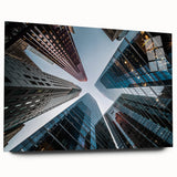 Large abstract wall art of skyscraper designs in neutral tones on acrylic glass, suitable for bedroom or dining room decor.