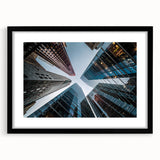 Extra large abstract art print featuring a colorful, textured depiction of skyscrapers on a black framed canvas.