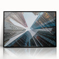Large abstract wall art featuring a mid-century modernist skyscraper design in black and white, acrylic framed.