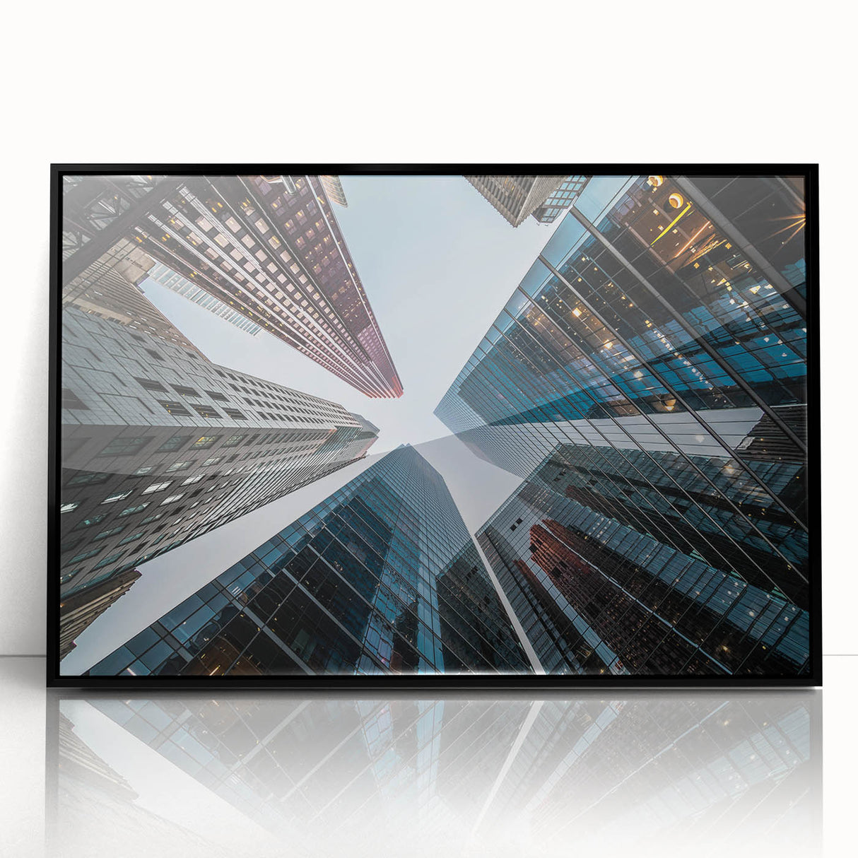 Large abstract wall art featuring a mid-century modernist skyscraper design in black and white, acrylic framed.