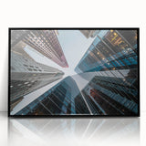 Large abstract wall art featuring a mid-century modernist skyscraper design in black and white, acrylic framed.