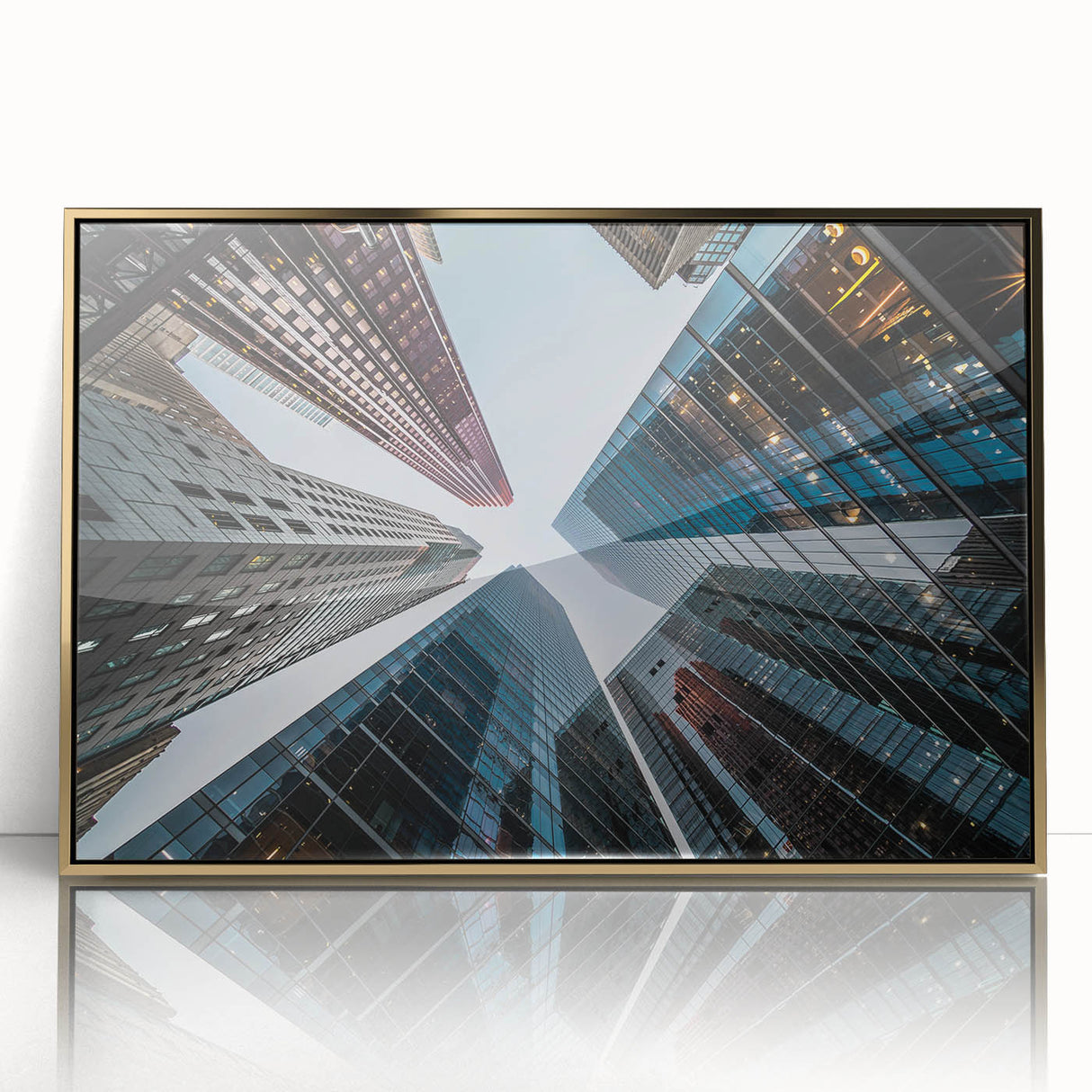 Mid-century modernist skyscraper design on a framed acrylic, featuring gold and blue tones.