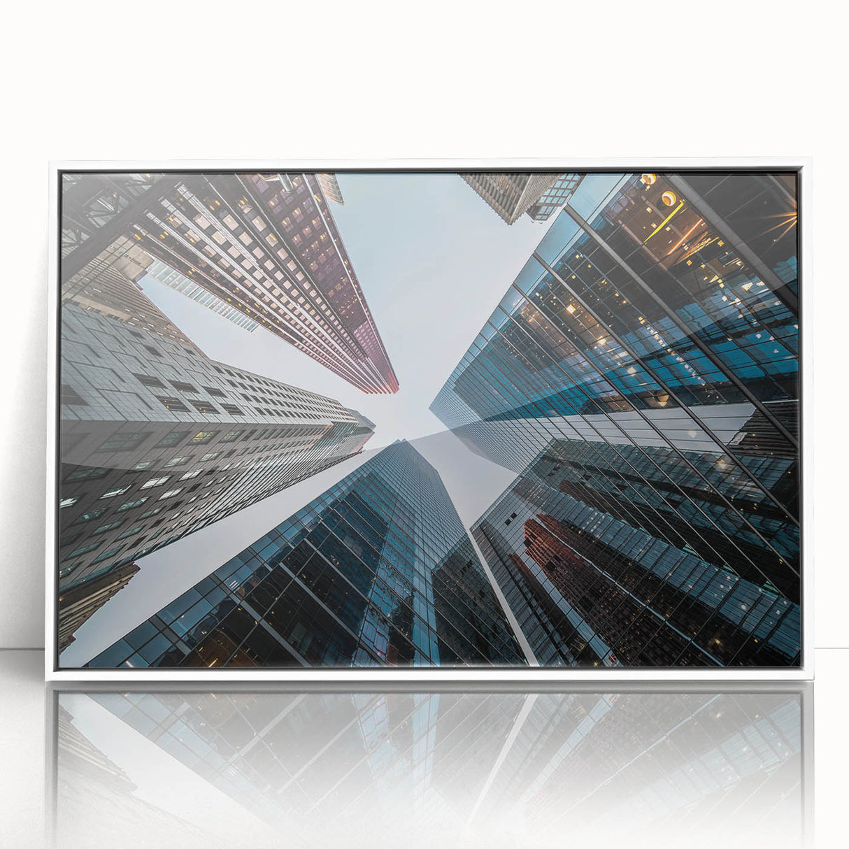 Mid-century modernist skyscraper design in black and white on a framed acrylic print, suitable for modern art wall decor.