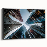 Black and white framed canvas featuring a vintage poster-style skyscraper design, ideal for bedroom wall art.