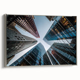 Vintage poster art of a black and colorful skyscraper design on a framed canvas, ideal for extra large living room wall.