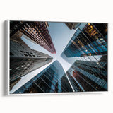 Framed canvas depicting a black and white vintage poster art of skyscrapers, ideal for bedroom wall art.