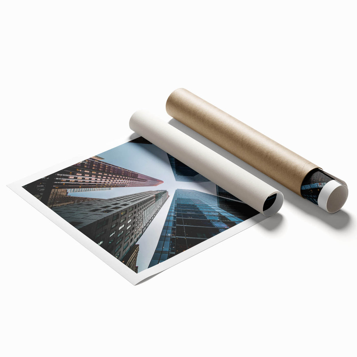 Extra large rolled print of a skyscraper with minimalist design in monochrome shades, ideal for classy bathroom wall art.