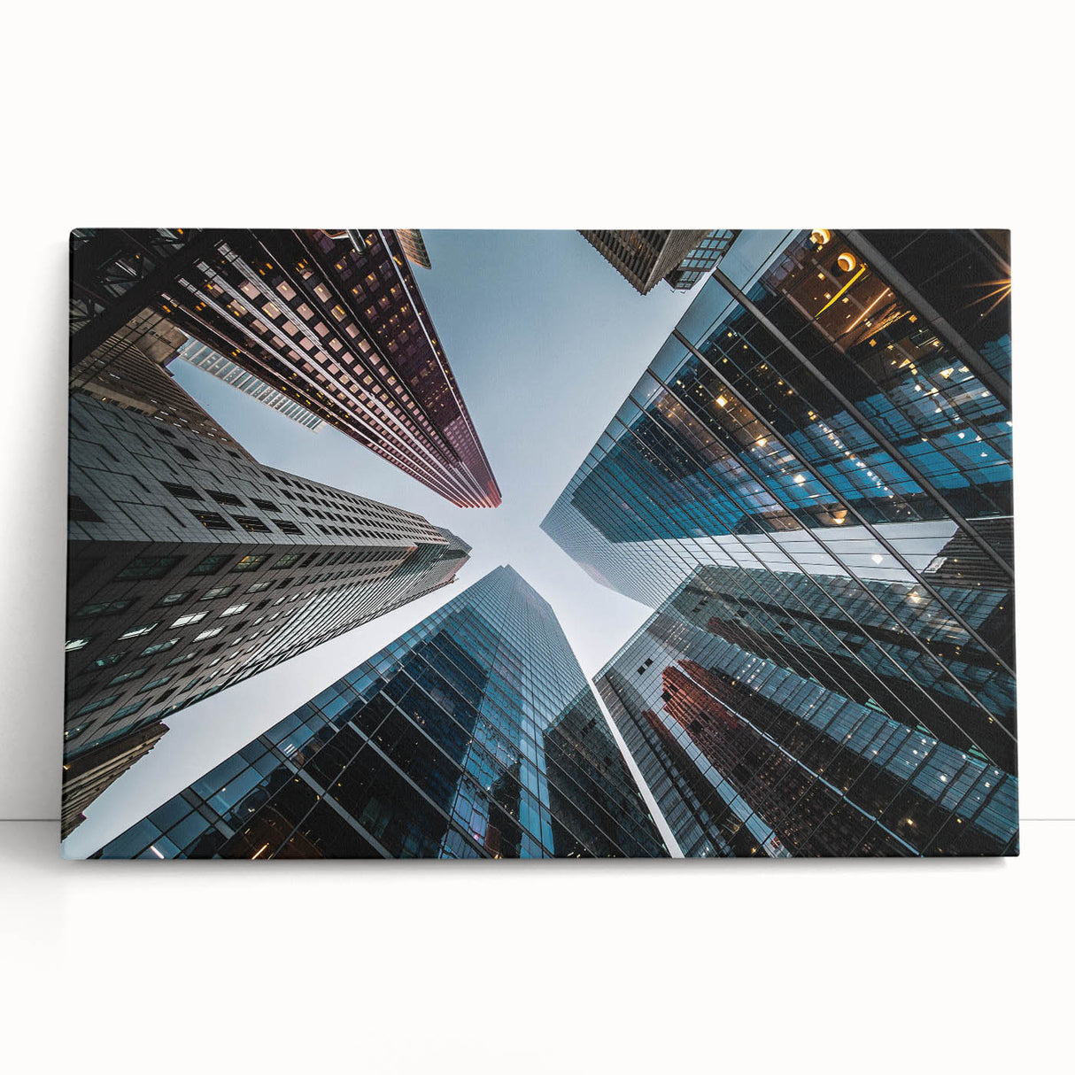 Black and white photo of tall skyscrapers on stretched canvas, suitable as kitchen wall art or for bedroom ambiance.
