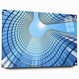 Acrylic print of a large abstract skyscraper design in cool blue tones, suitable for bedroom or dining room decor.