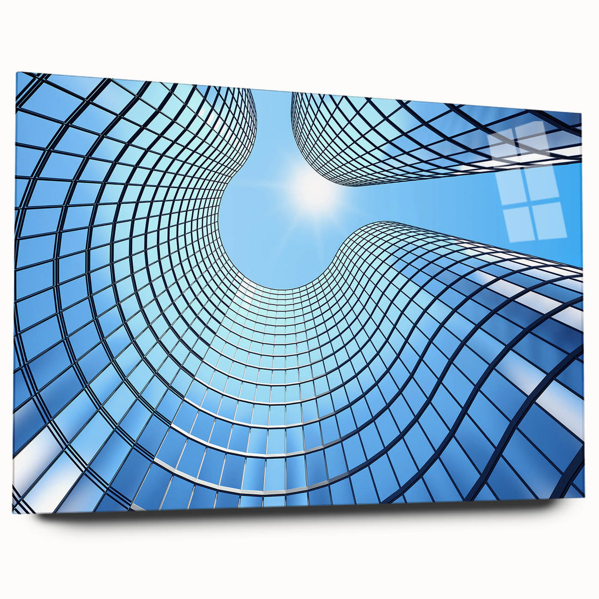 Acrylic print of a large abstract skyscraper design in muted gray tones, suitable for bedroom or dining room art.
