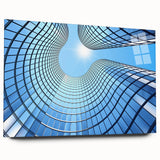 Acrylic print of a large abstract skyscraper design in muted gray tones, suitable for bedroom or dining room art.
