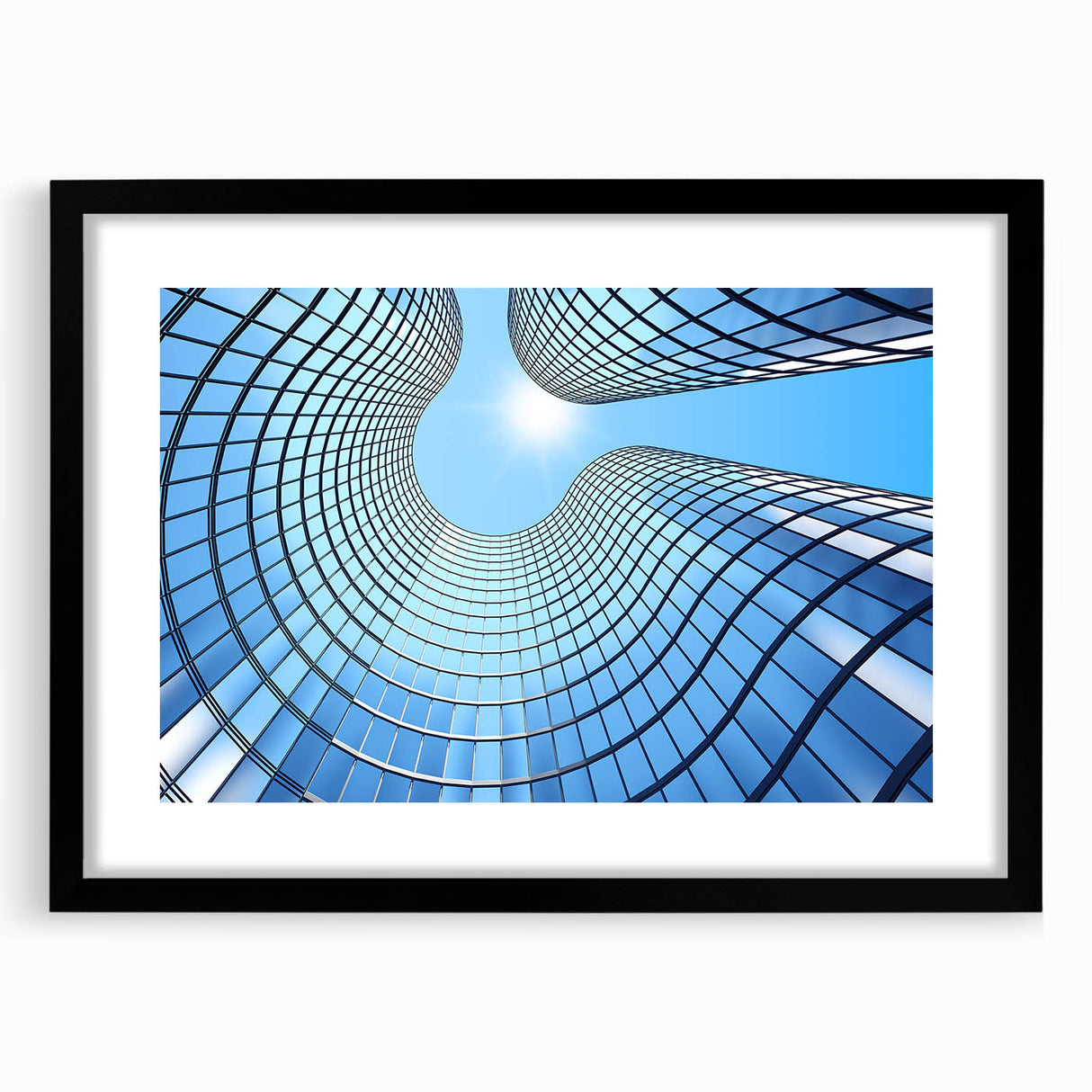 Extra large abstract art print featuring colorful, textured skyscraper design on a black framed canvas.