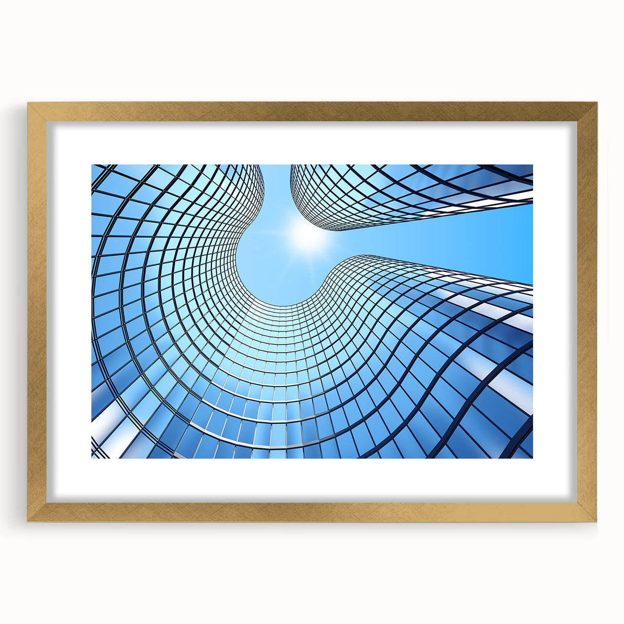 Textured abstract art print of skyscrapers in gold frame, ideal for bedroom art, featuring muted metallic tones.