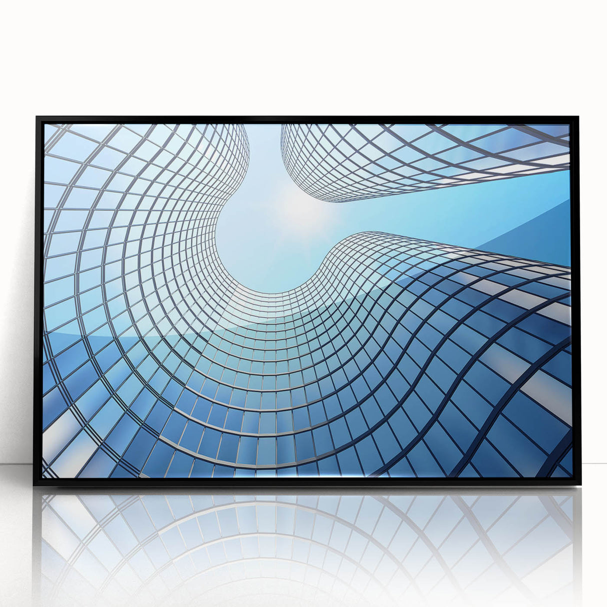 Large abstract wall art featuring a mid-century modernist skyscraper design in black and white.