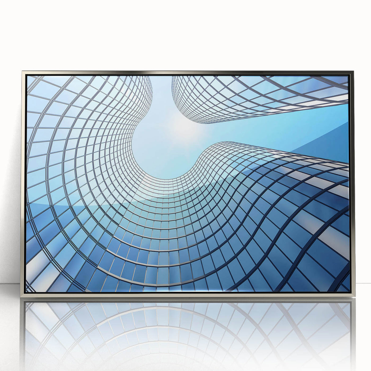 Art deco poster of a silver-framed acrylic skyscraper, featuring sharp geometric shapes, ideal for modern art wall decor.