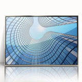 Art deco poster of a silver-framed acrylic skyscraper, featuring sharp geometric shapes, ideal for modern art wall decor.