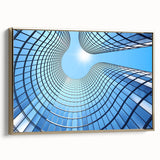 Framed canvas featuring a vintage black skyscraper design with colorful accents, ideal for office decor.