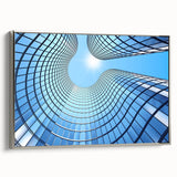 Vintage poster art of a skyscraper in grayscale, framed canvas, suitable for living room decor.