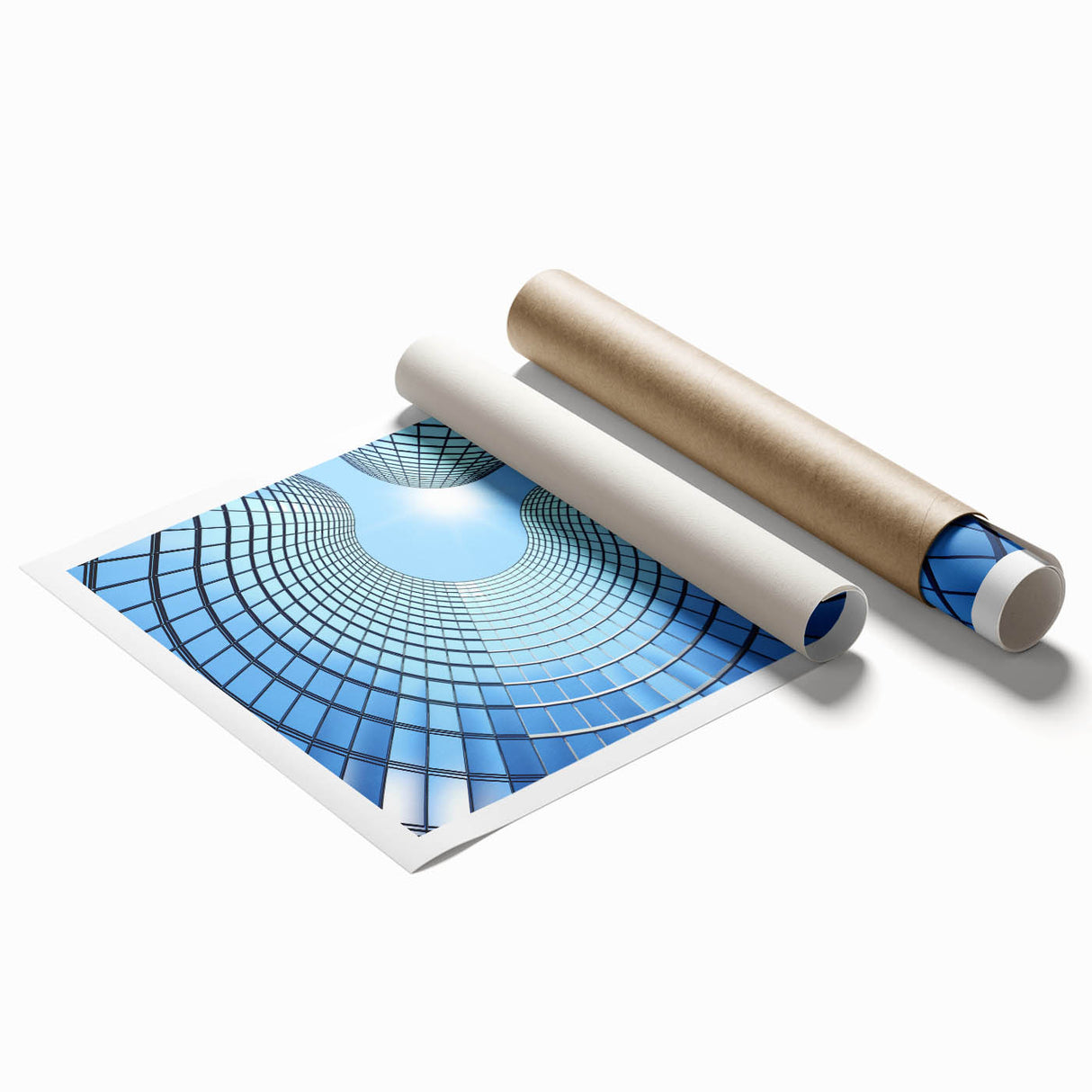 Extra large rolled print of a skyscraper with muted metallic tones, ideal for classy bathroom wall art.