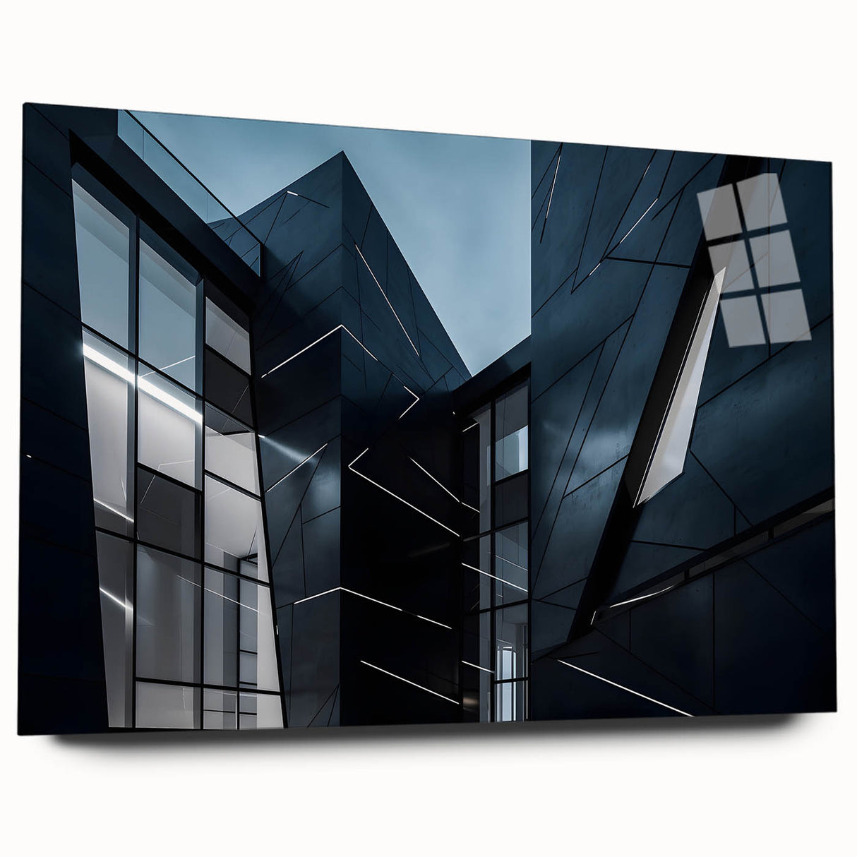 Large abstract wall art depicting a skyscraper in muted gray and blue tones on acrylic glass.
