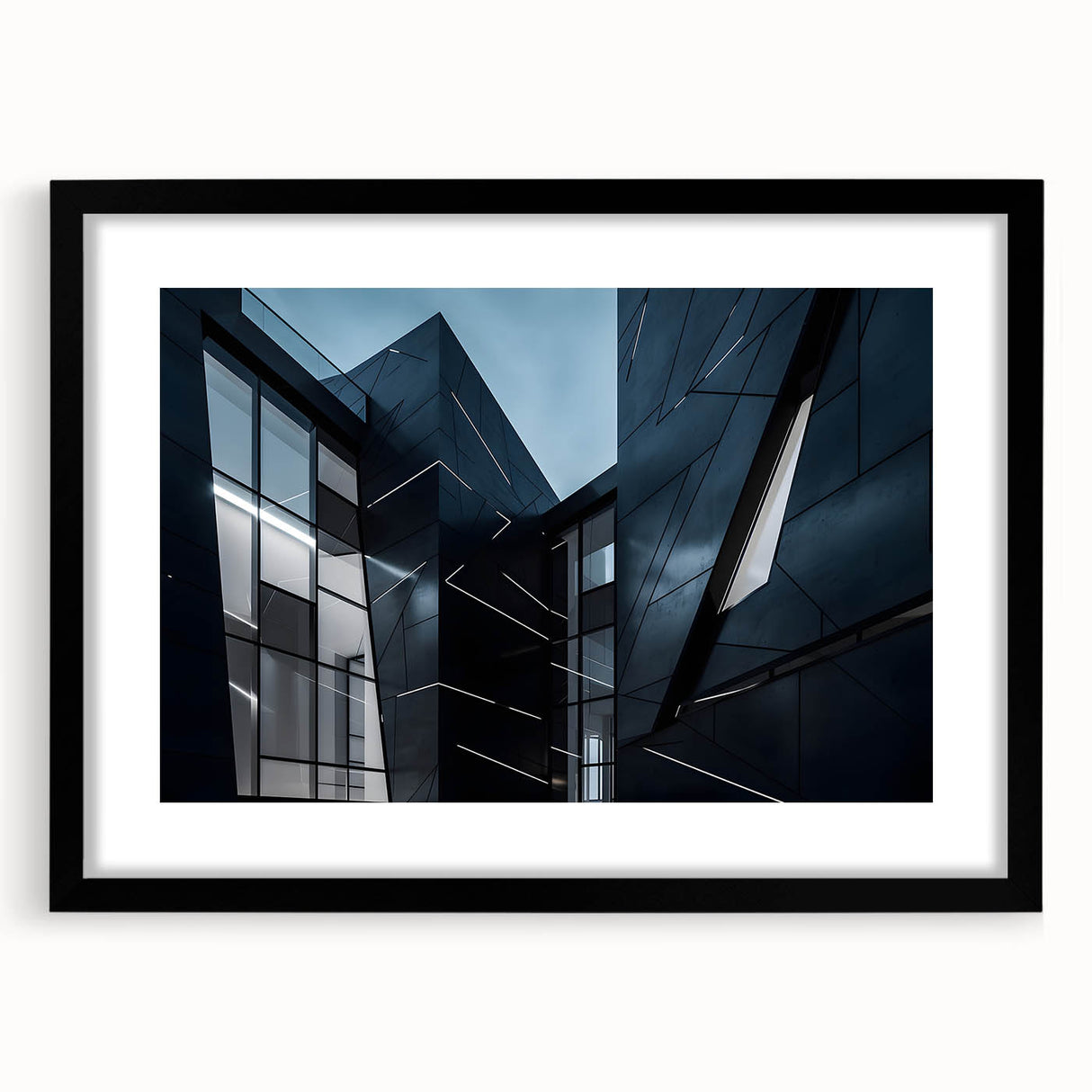 Extra large abstract art print featuring colorful, textured skyscraper designs on a black framed canvas.