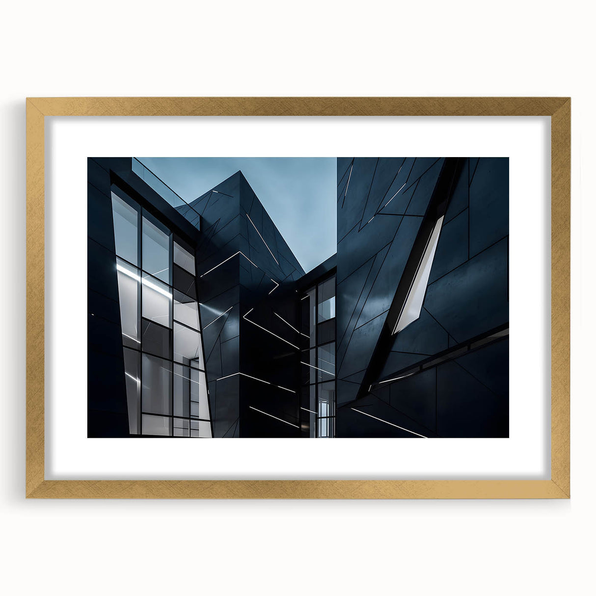 Textured abstract art print of skyscrapers in neutral tones on a framed gold mat, suitable for bedroom decor.