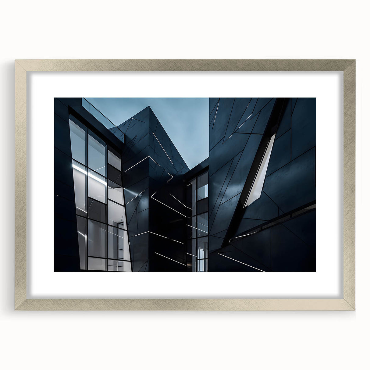 Abstract art print of a skyscraper in muted silver and gray tones, framed with a silver mat.