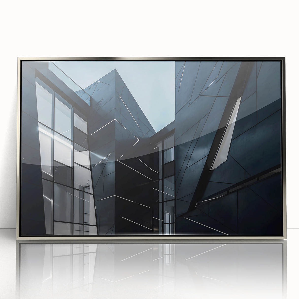 Art deco style skyscraper design in silver and gray tones on framed acrylic, suitable for modern art wall decor.