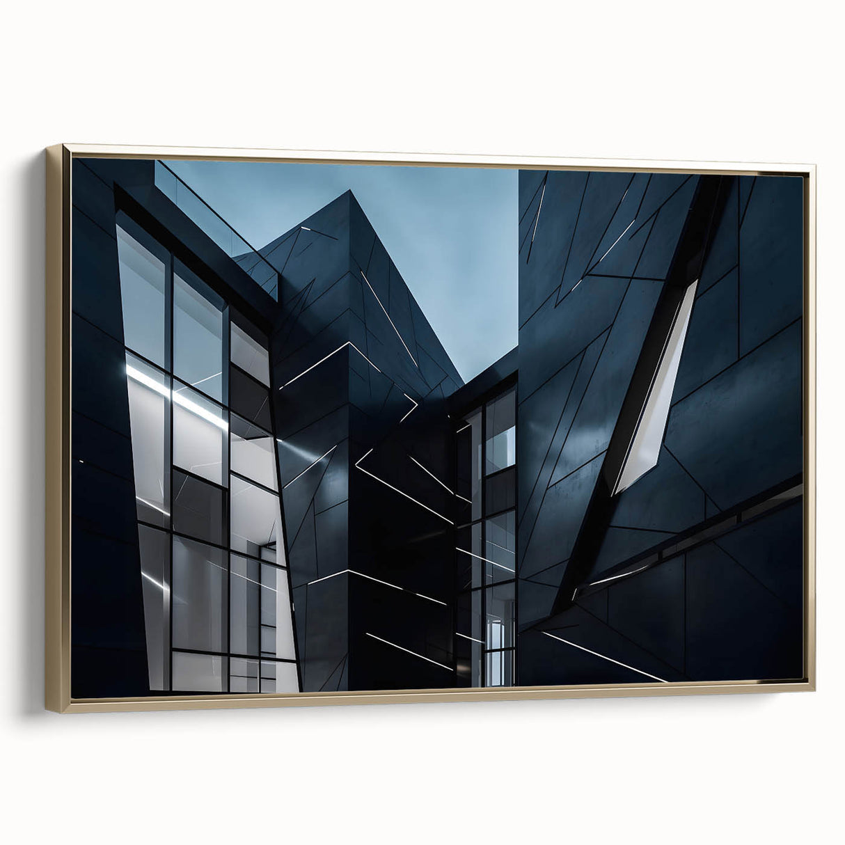 Framed canvas featuring a vintage-style skyscraper design with gold accents.