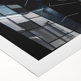 Art deco poster of a skyscraper, using muted gray and blue tones on rolled canvas, suitable for dining room wall art.