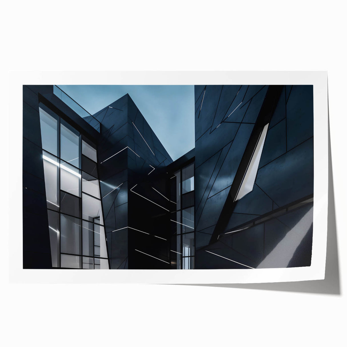Rolled print of a skyscraper design in muted gray tones, ideal for art wall dining room decor.