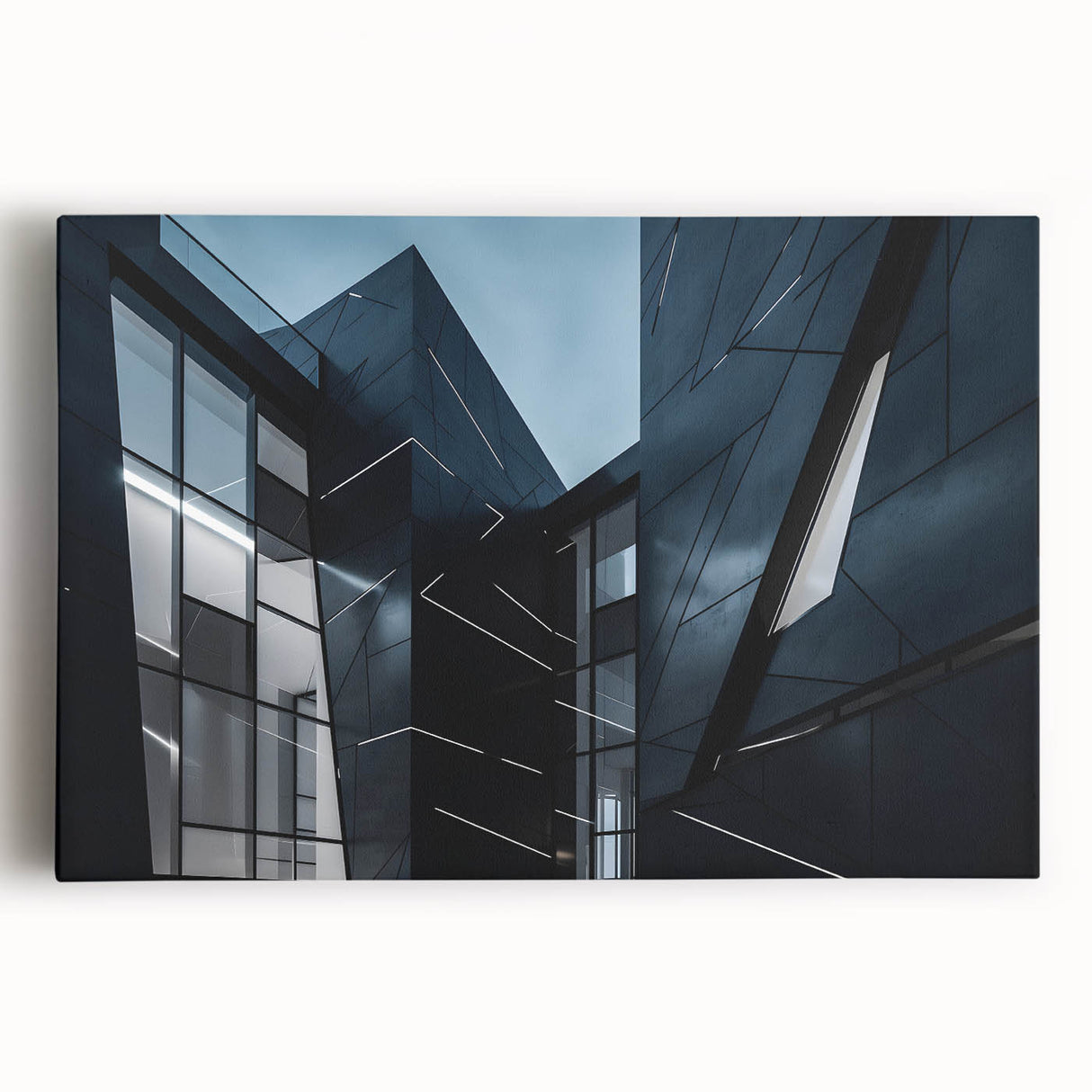 Black and white photo of a skyscraper on stretched canvas, ideal for kitchen art.