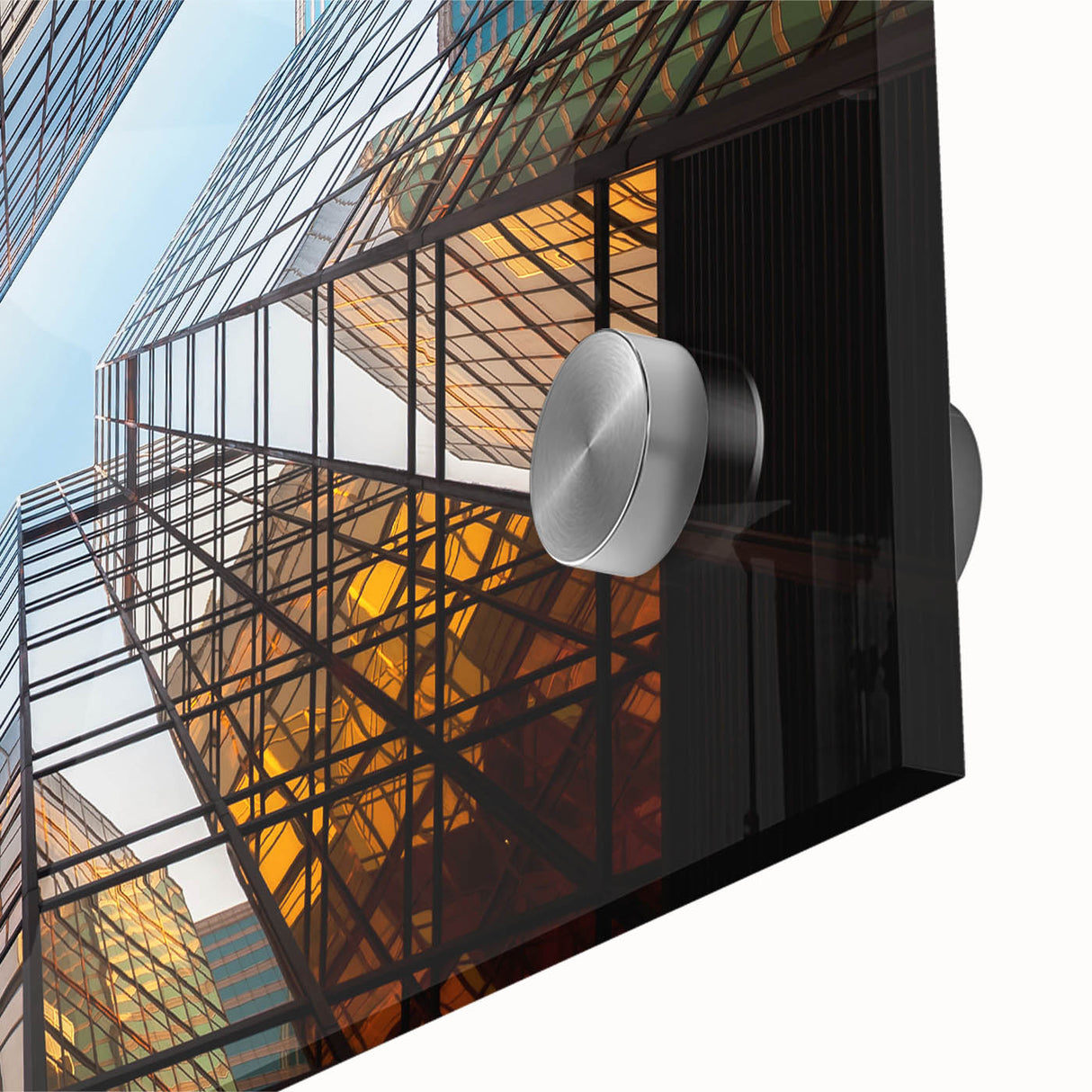 Mid-century modernist skyscraper design in muted gray tones on acrylic, ideal for dining room art.