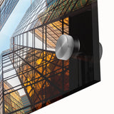 Mid-century modernist skyscraper design in muted gray tones on acrylic, ideal for dining room art.