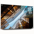 Large abstract wall art of a modern skyscraper in muted gray tones, acrylic print, suitable for bedroom or dining room decor.